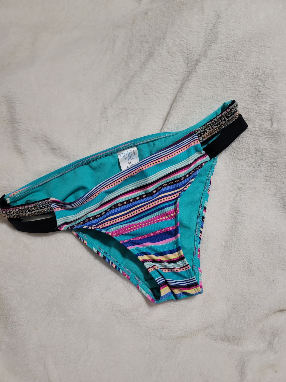 Turquoise Striped Bikini Bottom with Beaded Side Straps
